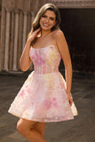 Sequin Corset Strapless A Line Pink Homecoming Dress with Appliques