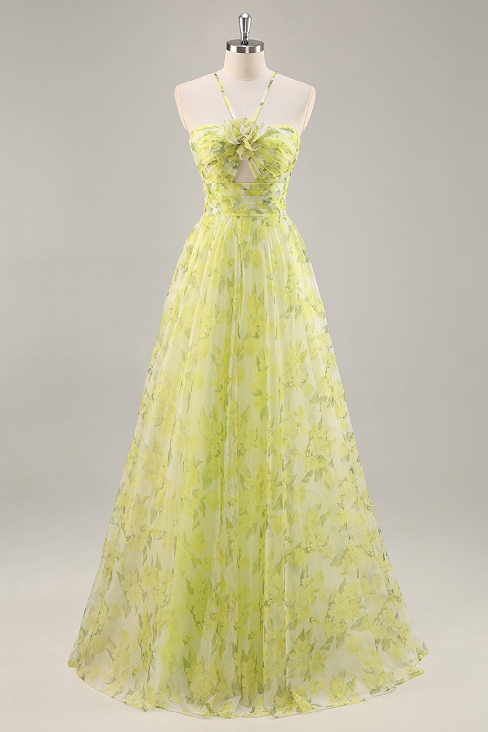 Yellow Green Halter Print Floral Prom Dress With 3D Flower