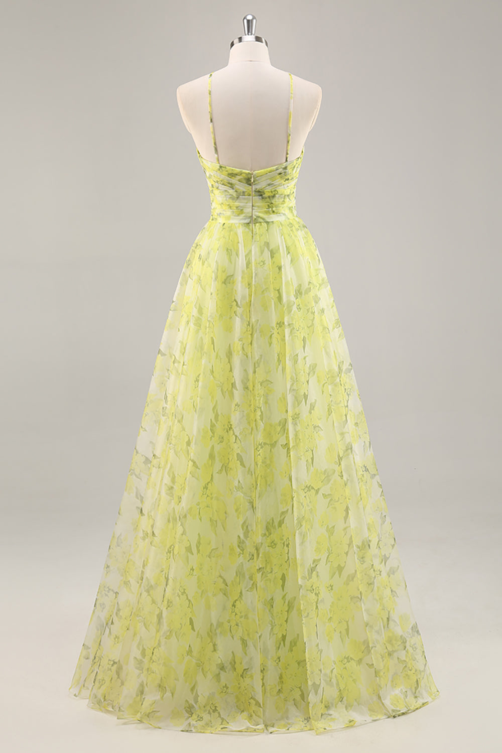 Yellow Green Halter Print Floral Prom Dress With 3D Flower