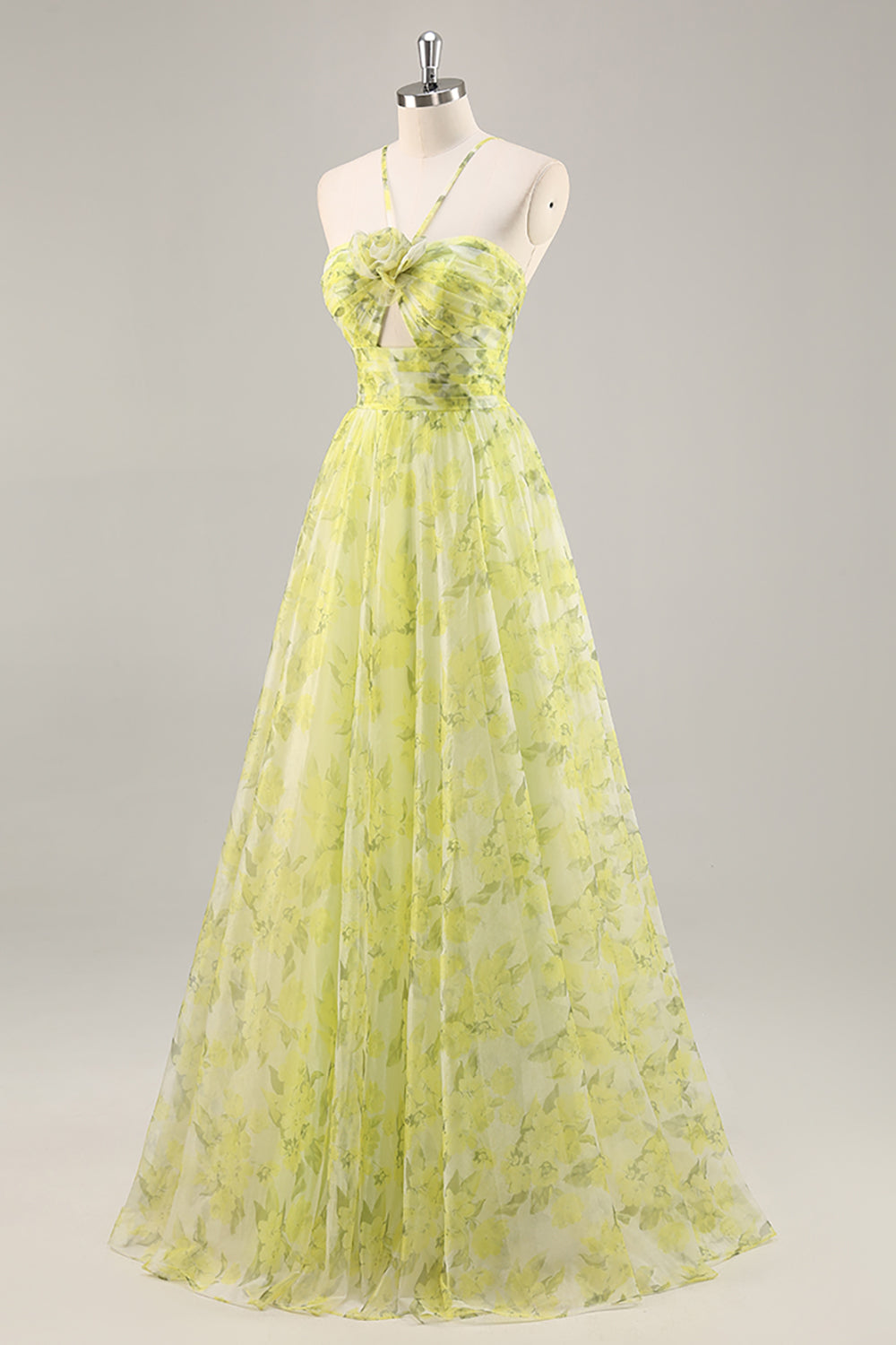 Yellow Green Halter Print Floral Prom Dress With 3D Flower
