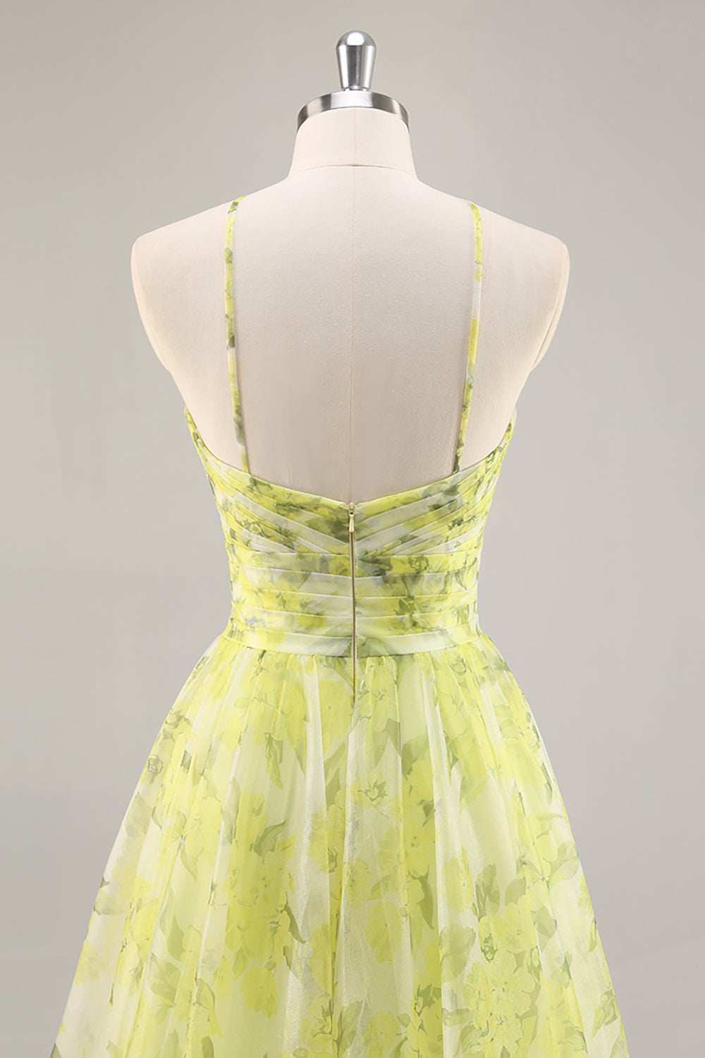 Yellow Green Halter Print Floral Prom Dress With 3D Flower