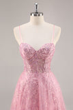 Pink Corset A Line Prom Dress with Appliques