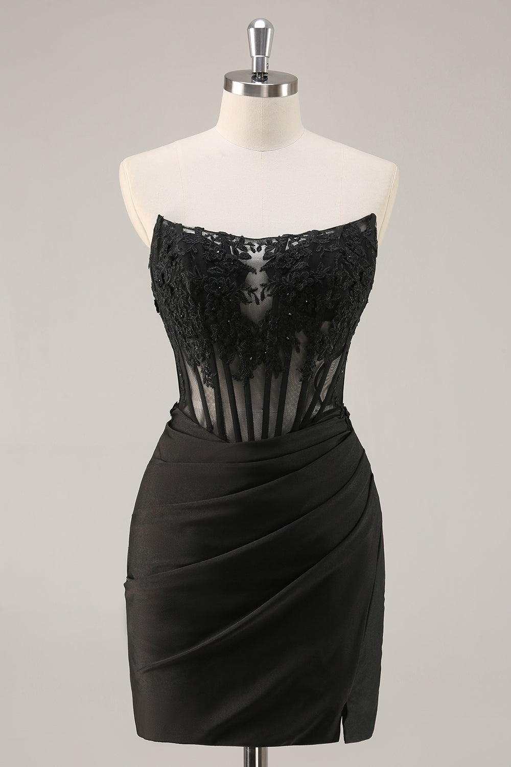 Corset Strapless Black Appliqued Homecoming Dress
