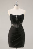 Corset Strapless Black Appliqued Homecoming Dress