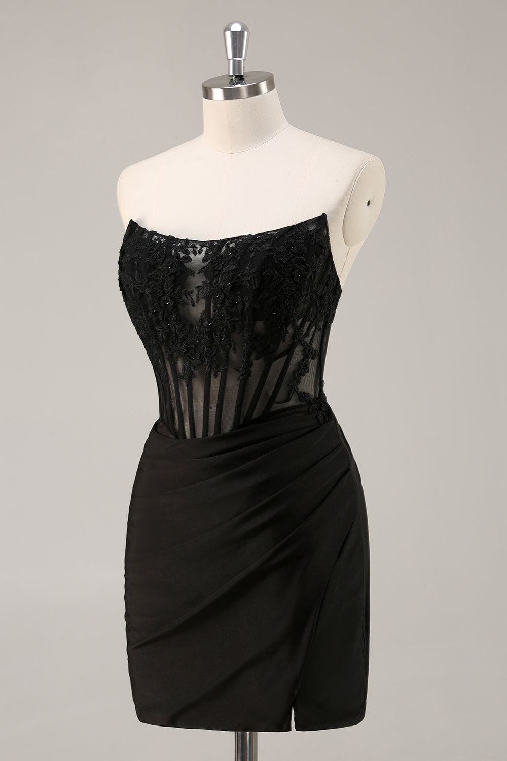 Corset Strapless Black Appliqued Homecoming Dress