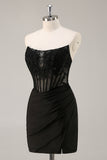 Corset Strapless Black Appliqued Homecoming Dress