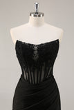 Corset Strapless Black Appliqued Homecoming Dress