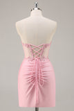 Pink Strapless Corset Tight Homecoming Dress with Appliques