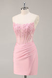 Pink Strapless Corset Tight Homecoming Dress with Appliques