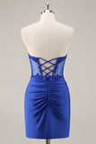 Royal Blue Bodycon Strapless Corset Homecoming Dress with Appliques