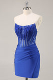 Royal Blue Bodycon Strapless Corset Homecoming Dress with Appliques