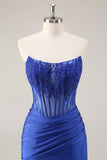 Royal Blue Bodycon Strapless Corset Homecoming Dress with Appliques