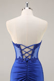 Royal Blue Bodycon Strapless Corset Homecoming Dress with Appliques