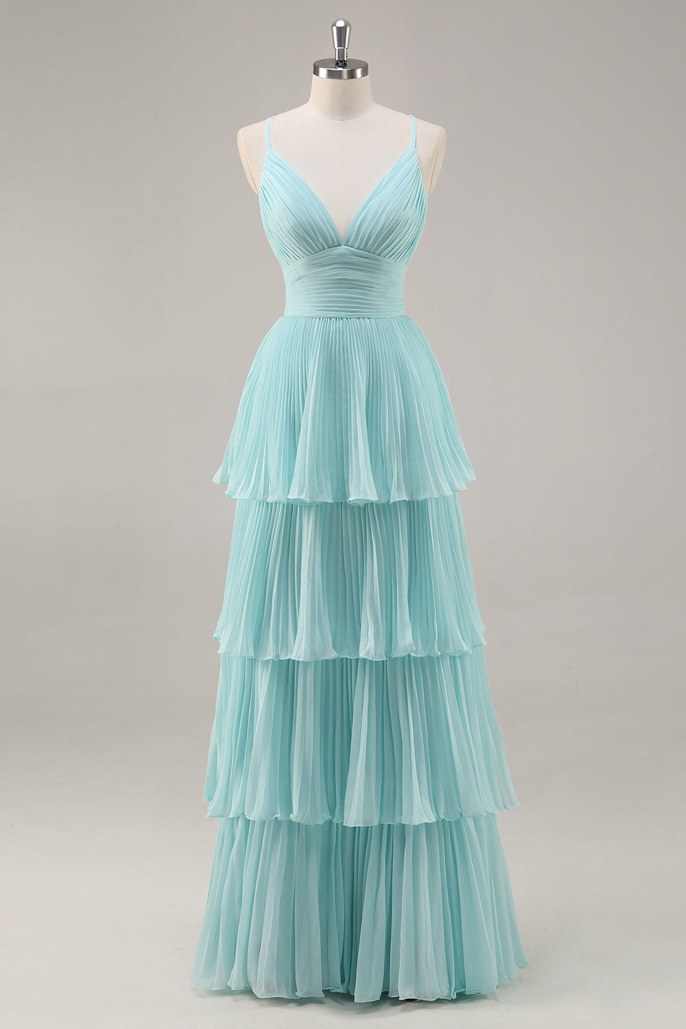 Tiered A Line Pleated Green Prom Dress