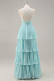 Tiered A Line Pleated Green Prom Dress