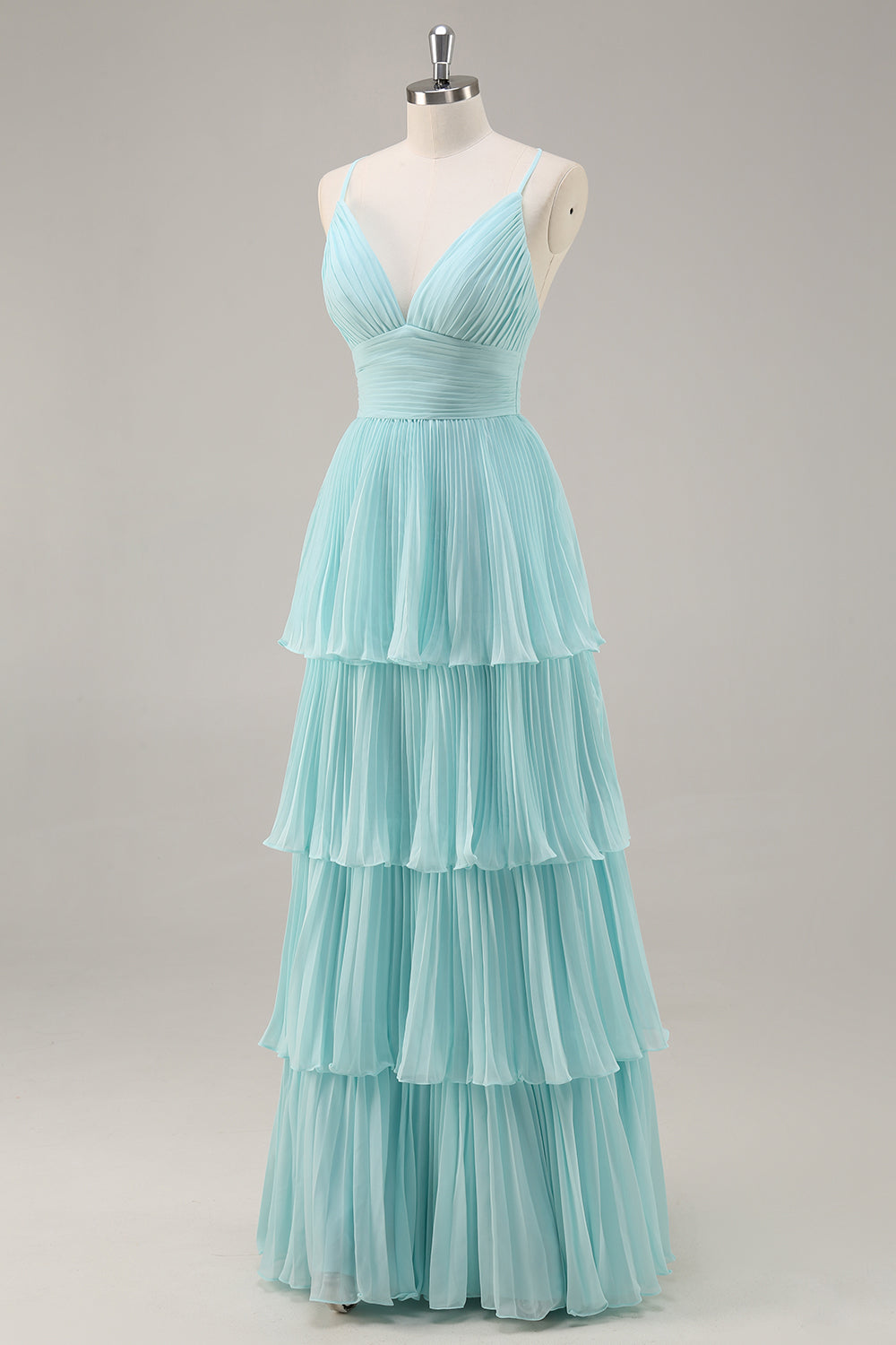 Tiered A Line Pleated Green Prom Dress