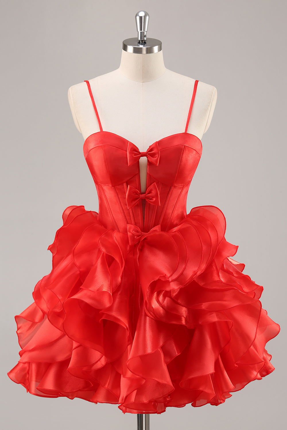 Red A-Line Strapless Tiered Ruffle Corset Homecoming Dress With Bows