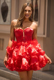 Red A-Line Strapless Tiered Ruffle Corset Homecoming Dress With Bows