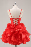 Red A-Line Strapless Tiered Ruffle Corset Homecoming Dress With Bows