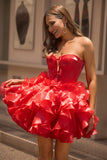 Red A-Line Strapless Tiered Ruffle Corset Homecoming Dress With Bows