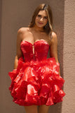 Red A-Line Strapless Tiered Ruffle Corset Homecoming Dress With Bows