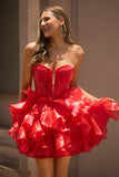 Red A-Line Strapless Tiered Ruffle Corset Homecoming Dress With Bows
