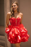 Red A-Line Strapless Tiered Ruffle Corset Homecoming Dress With Bows