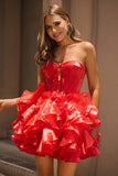 Red A-Line Strapless Tiered Ruffle Corset Homecoming Dress With Bows