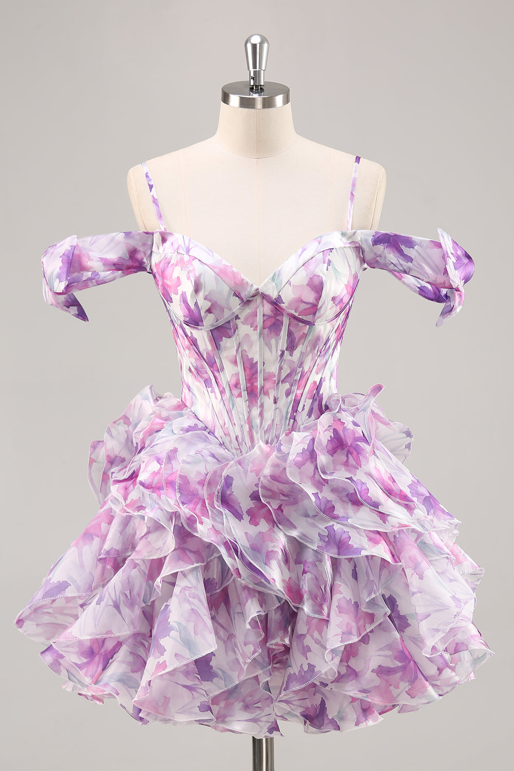 Off The Shoulder Printed Ruffle Corset A-Line Purple Homecoming Dress
