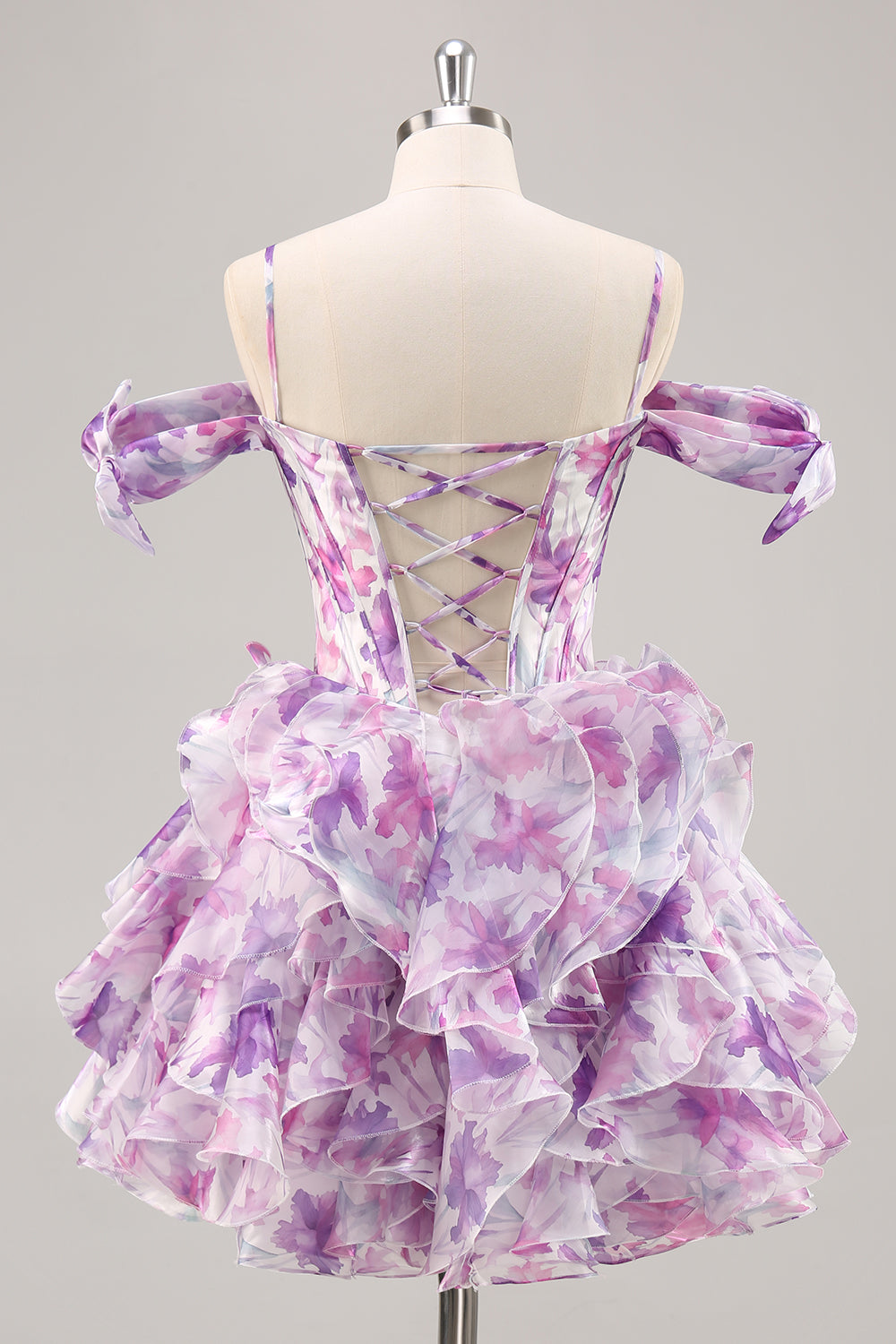 Off The Shoulder Printed Ruffle Corset A-Line Purple Homecoming Dress