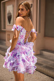 Off The Shoulder Printed Ruffle Corset A-Line Purple Homecoming Dress