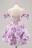 Off The Shoulder Printed Ruffle Corset A-Line Purple Homecoming Dress