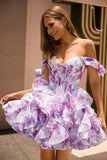 Off The Shoulder Printed Ruffle Corset A-Line Purple Homecoming Dress