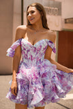 Off The Shoulder Printed Ruffle Corset A-Line Purple Homecoming Dress