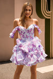 Off The Shoulder Printed Ruffle Corset A-Line Purple Homecoming Dress