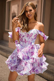 Off The Shoulder Printed Ruffle Corset A-Line Purple Homecoming Dress