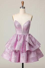 Light Purple Tiered A Line Strapless Homecoming Dress with Bow