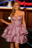 Glitter Light Purple Strapless Tiered A-Line Homecoming Dress