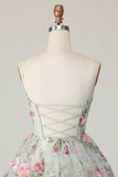 Sage Flower A-Line Corset Homecoming Dress with Lace Up Back