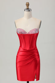Red Strapless Beaded Corset Bodycon Homecoming Dress with Slit
