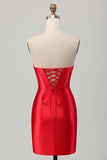 Red Strapless Beaded Corset Bodycon Homecoming Dress with Slit