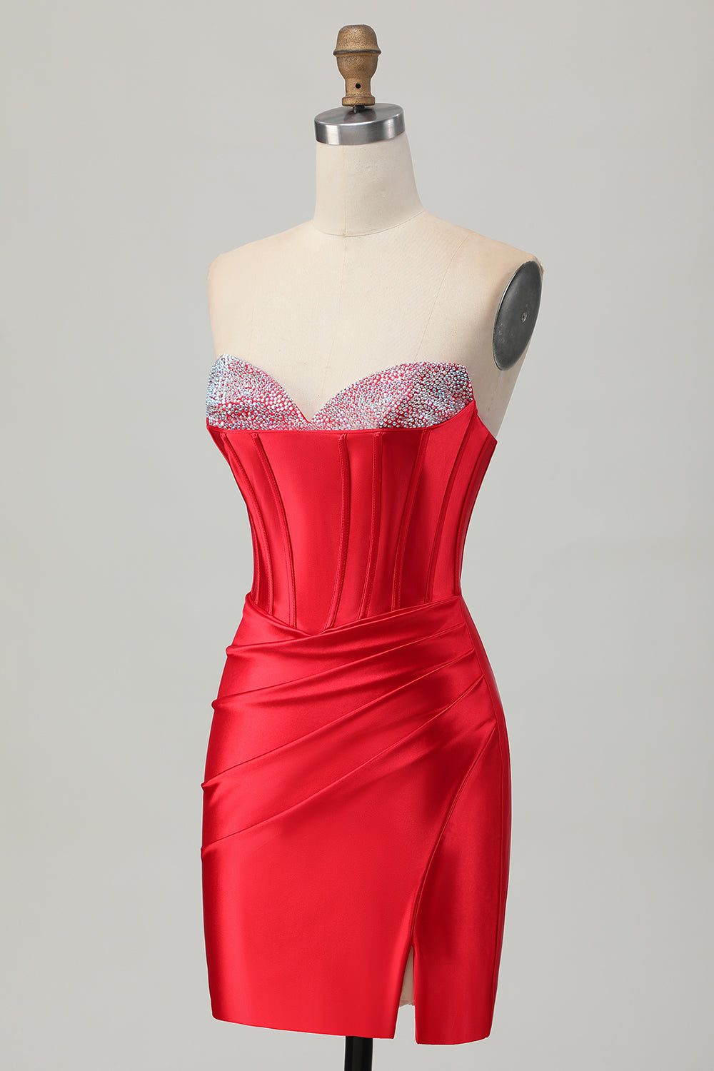 Red Strapless Beaded Corset Bodycon Homecoming Dress with Slit