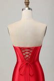 Red Strapless Beaded Corset Bodycon Homecoming Dress with Slit