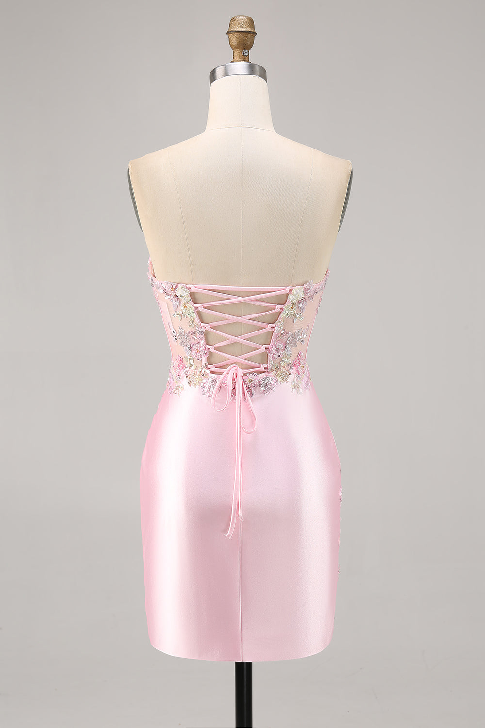 Candy Pink Satin Bodycon Short Corset Homecoming Dress with Appliques