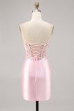 Candy Pink Satin Bodycon Short Corset Homecoming Dress with Appliques