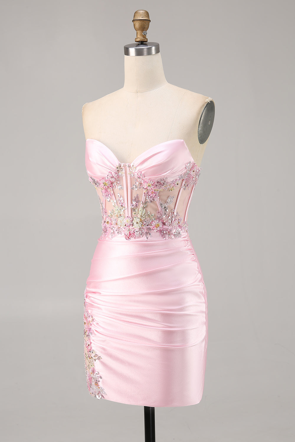 Candy Pink Satin Bodycon Short Corset Homecoming Dress with Appliques