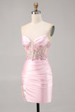 Candy Pink Satin Bodycon Short Corset Homecoming Dress with Appliques