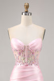 Candy Pink Satin Bodycon Short Corset Homecoming Dress with Appliques