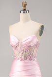 Candy Pink Satin Bodycon Short Corset Homecoming Dress with Appliques