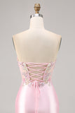 Candy Pink Satin Bodycon Short Corset Homecoming Dress with Appliques